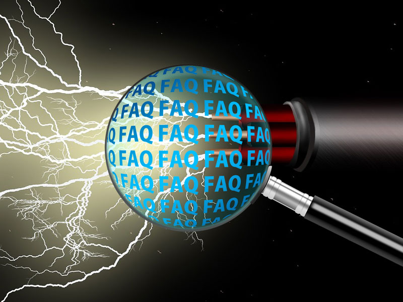 magnifying glass over electricty image and the repeated word FAQ to illustrate energy management FAQs